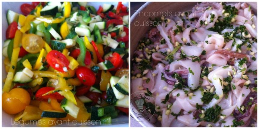 Plancha d'encornets poivrons collage