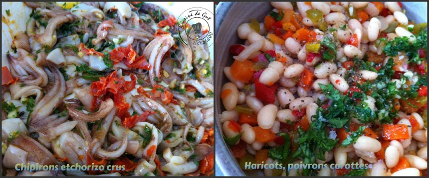 Plancha de Chipirons et chorizo et haricots collage