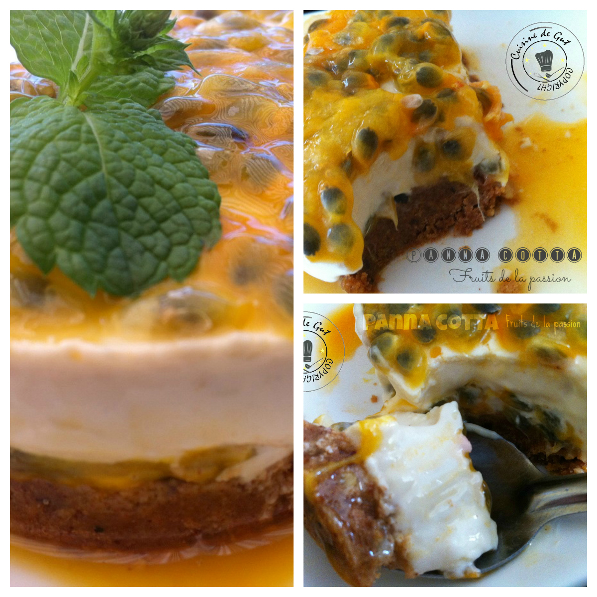 Panna cotta fruits passion sur fond sablé