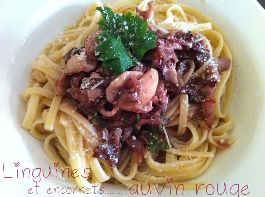 Linguines et encornets au vin rouge