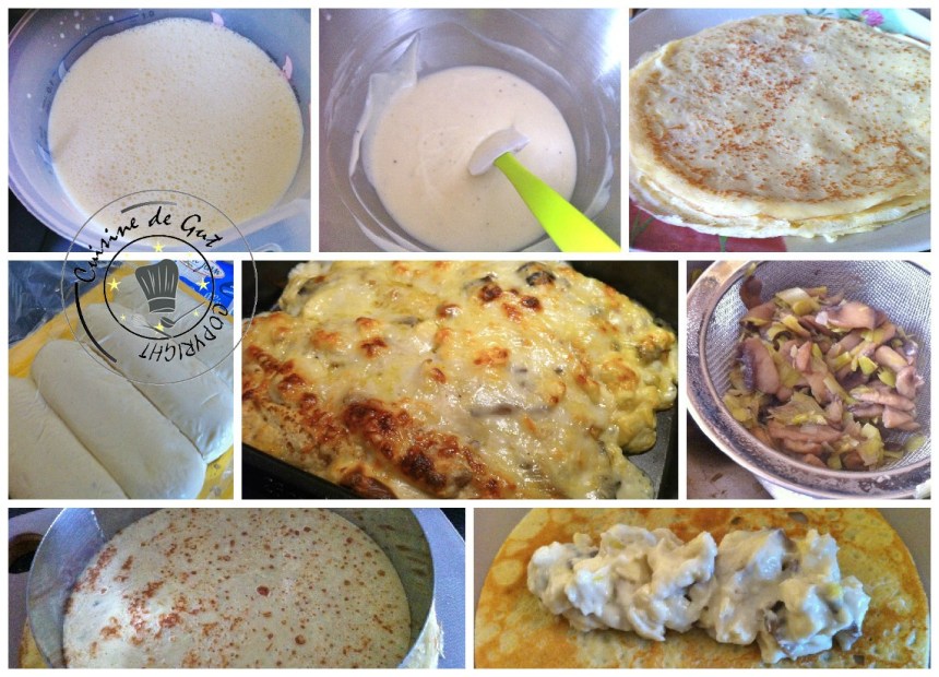 Crêpes fourrées quenelles champignons poireaux collage