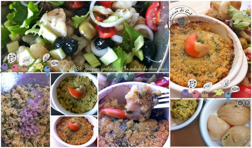Noix de St-jacques gratinées et salade de chou fleurs MONTAGE