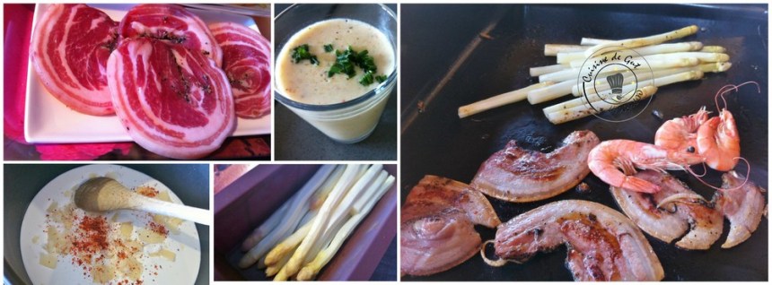Plancha de pancetta asperges oeuf crevettes et crème de parmesan
