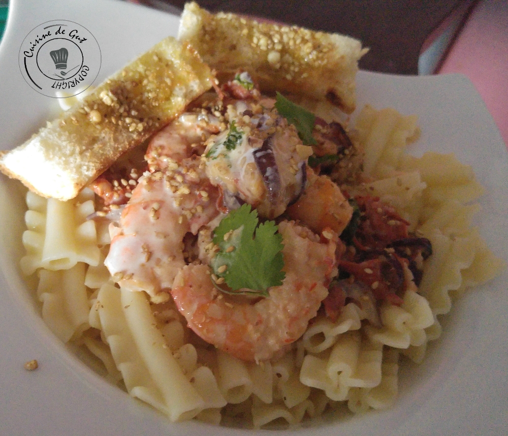 Maccheroni festonati crevette chorizo dukkah4