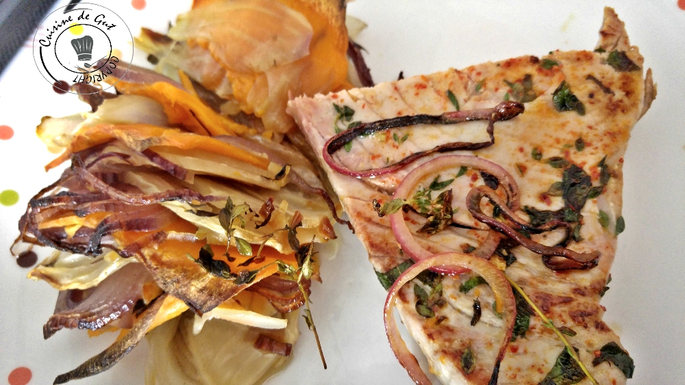 Gratin de Patates douces et fenouil au thym citron et thon grillé à la menthe