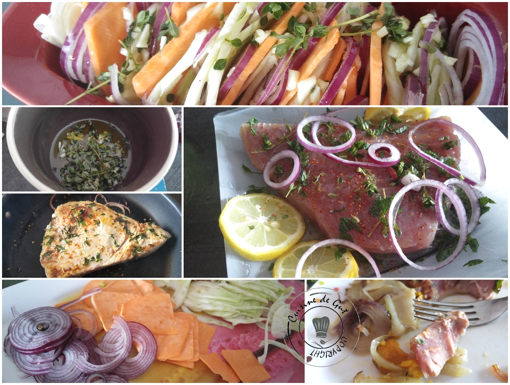 Gratin de Patates douces et fenouil au thym citron et thon grillé à la menthe2