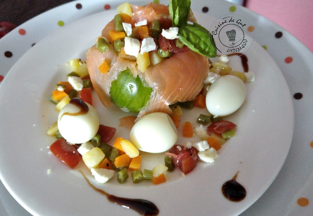 Green d'antan et truite fumée et sa brunoise de légumes