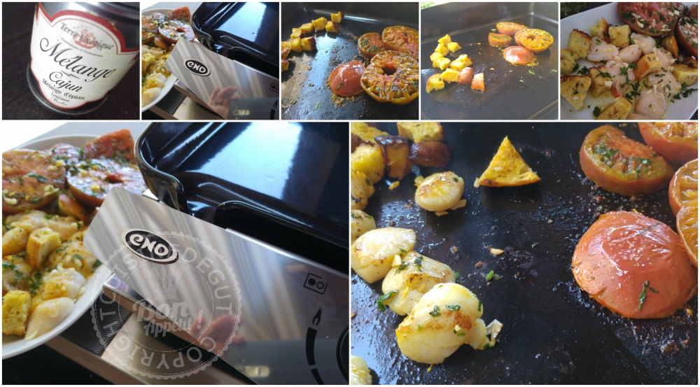 Noix de st Jacques tomates et pain au Mäis à la plancha Montage