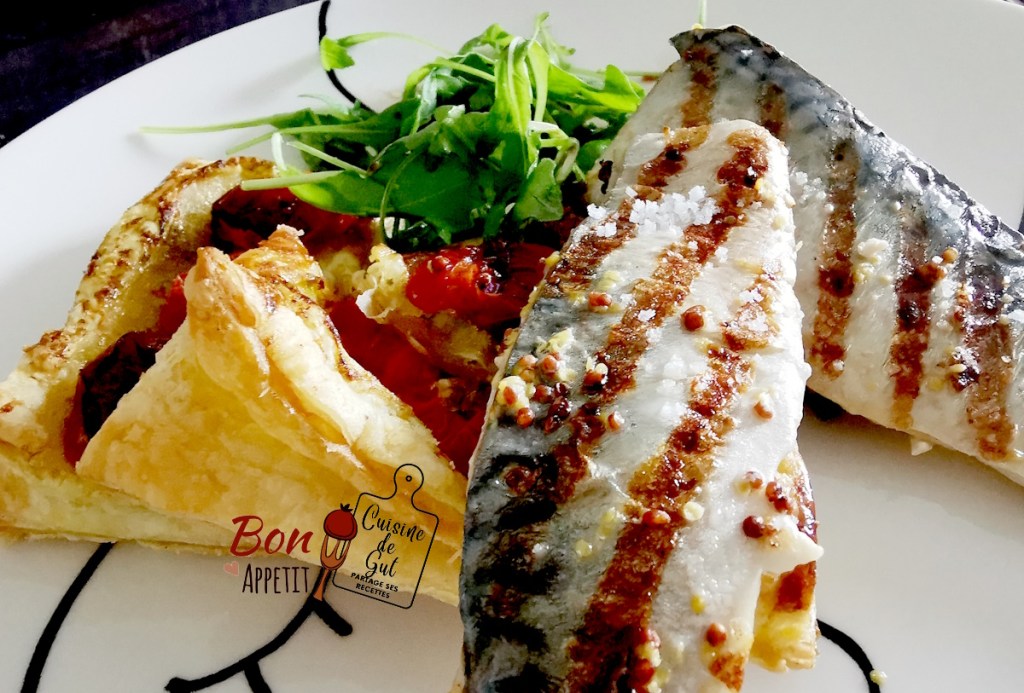 Filets de Maquereaux grillés à la Moutarde à l&rsquo;Ancienne et Tartes Fines au Pesto et&nbsp;Tomates